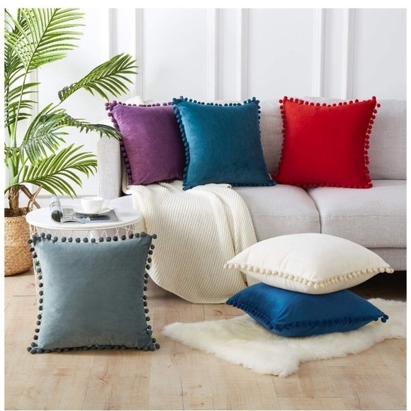 Trendy Navy Blue Modern Farmhouse Style Cute Pompom Throw Pillow Cover Set - Picture 5 of 16